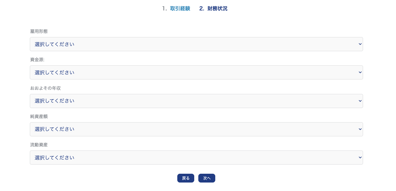 XS.com適合性アンケートの財務状況画面