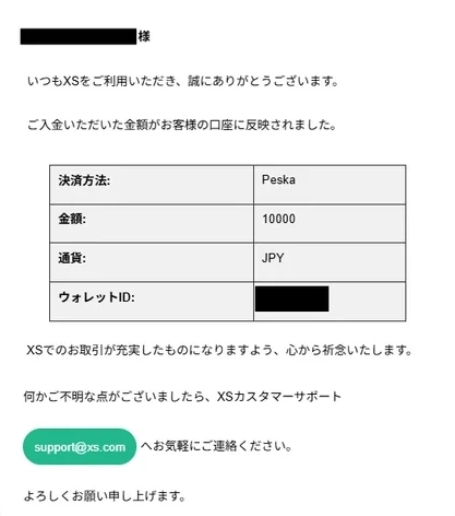 XS.comの入金手続きが完了したことを知らせる通知メール