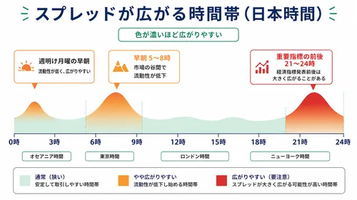 スプレッドが広がる時間帯(週明け早朝・市場の谷間・重要指標の前後)を示す24時間の図